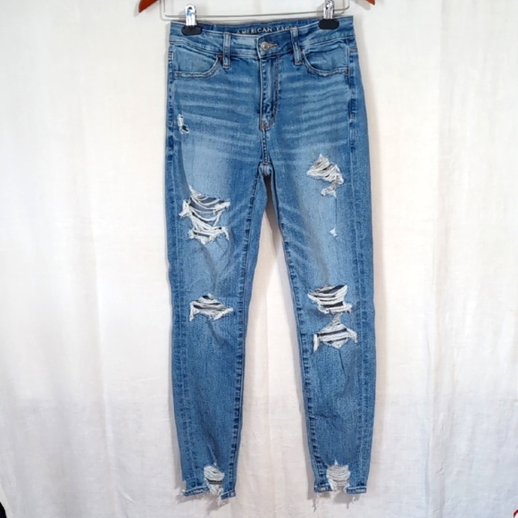 American Eagle Hi Rise Jegging Distressed Light Wash Size 0 - Picture 1 of 8